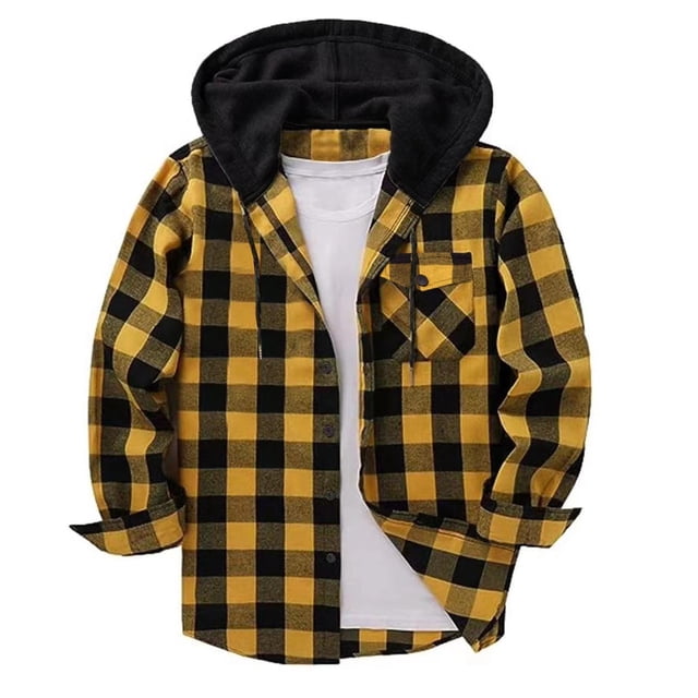 aohooy Big and Tall Mens Flannel Jacket - Trendy Casual Button Down Plaid Long Sleeve Fall Jackets Shacket with Pockets Yellow,L