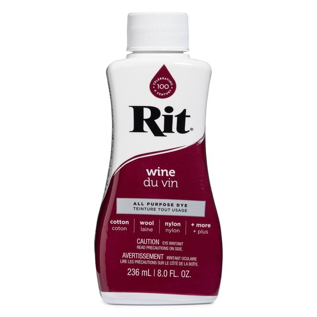 Rit All Purpose Liquid Dye in wine color, 236 ml (8 oz) bottle with white screw cap and maroon label, suitable for dyeing cotton, wool, nylon, and other fabrics, featuring bilingual English and French text and caution warnings.