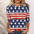 thumbnail image 2 of Chandails à Manches 3/4 pour Femmes, Imprimé Drapeau Américain, Blouses à Col Rond, Tunique Confortable, Chandail Patriotique avec Étoiles et Rayures, 2 of 5