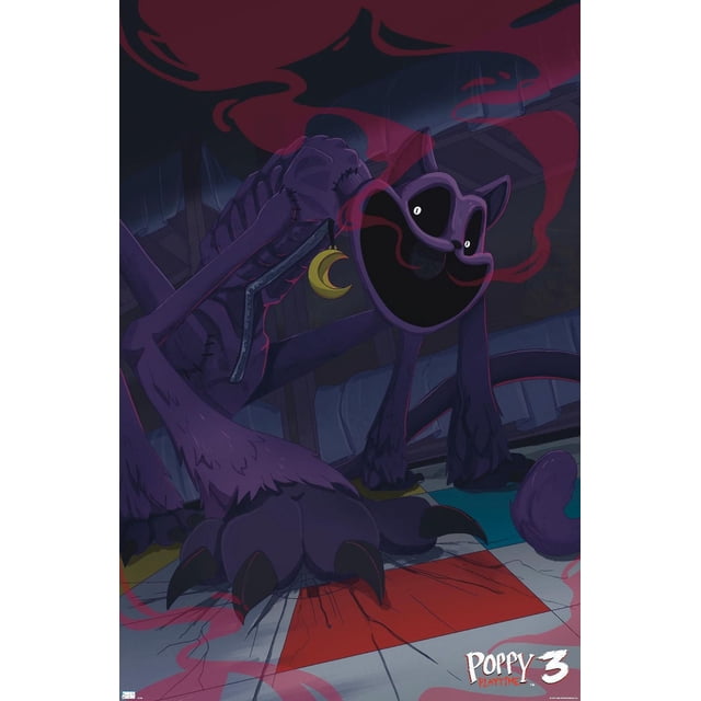Poppy Playtime: Chapter 3 - CatNap Wall Poster, 22.375" x 34", depicts a dark purple skeletal cat figure with large black claws and a crescent moon earring, standing on a cracked multicolored floor with red smoke in a dim industrial setting, printed on glossy poster paper as wall art and room decor by Trends International.