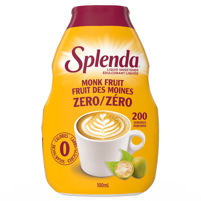 Splenda, Keto, Monk Fruit liquid Sugar Substitute 100mL bottle with yellow and maroon label featuring a white coffee cup with latte art and monk fruit fruit illustration, zero calories, carbs, and sugar, offering 200 servings, suitable for sweetening hot and cold beverages.