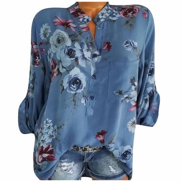 TopLLC Women's Long Sleeve Henley Tops Elegant Round Neck Floral Print Pullover Button Shirts Casual Plus Size Boho Blouses Top with Pockets