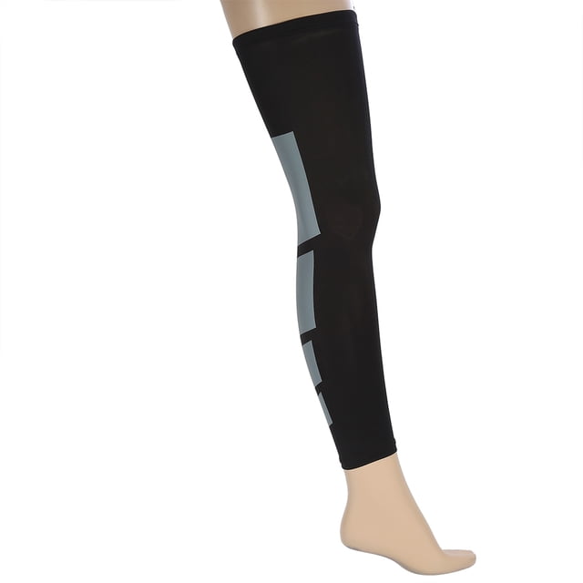 Leg Compression Brace Elastic Calf Compression Sleeve in black, size M, designed for men and women. Provides ultra-long support for calf, shin, knee, and thigh, with anti-slip silicone padding for secure fit during strenuous activities. Made of breathable, high-elastic polyester and spandex material for comfort and moisture absorption. Ideal for fitness recovery, shin splints relief, and sports like football, basketball, and volleyball.