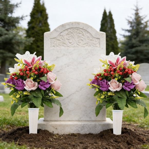 karymi Artificial Cemetery Flowers, Artificial Rose Lily Grave Flowers for Cemetery, Fade-Resistant, for Grave Memorial Day Funeral Decoration Birthday Gifts