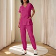 thumbnail image 2 of Sentmoon Sets for Women Cute Top and Business Pants Plus Size Short Sleeve V Neck Stretchy Outfit Loose Solid Color Button Down Work Blouses for Women for Summer Outfits, 2 of 7