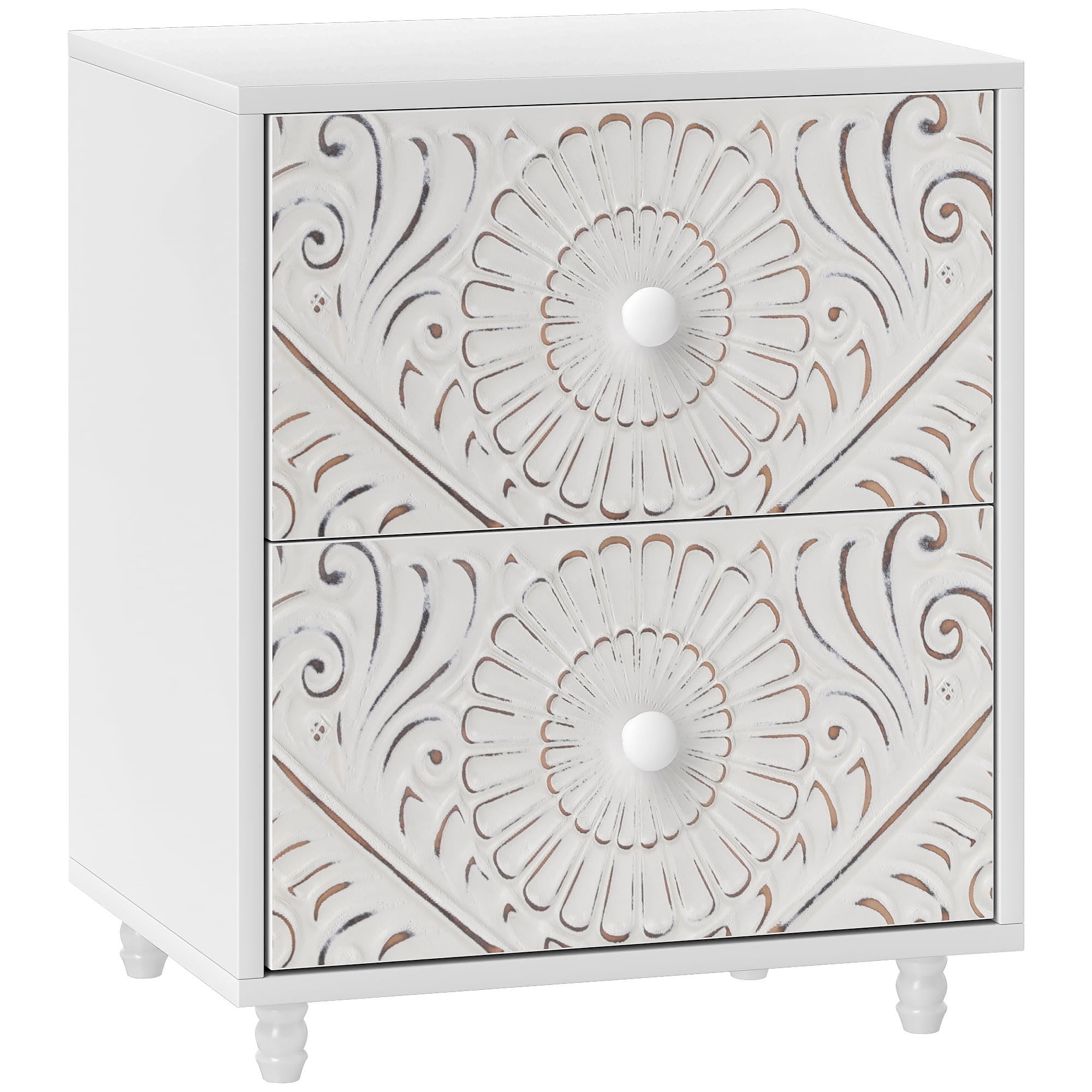 HOMCOM Nightstand, Bedside Table with 2 Drawers, Mid-Century Style, White