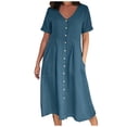 thumbnail image 2 of Robes d'Été pour Femmes Mode Femmes Été Décontracté Col en V Uni Manches Courtes Bouton Poche Robe en Coton et Lin Robe de Soirée en Liquidation, 2 of 9