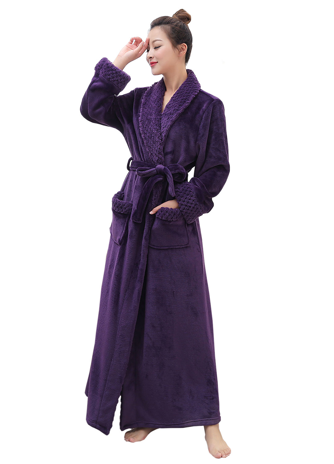Artfasion Womens Long Flannel Bathrobe Solid Soft Plush Bath Robe Microfiber Fleece Full Length Sleepwear
