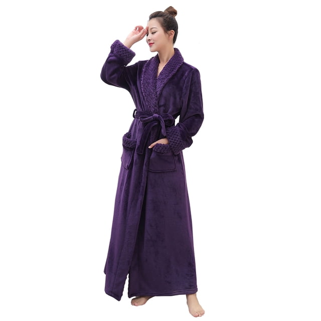 Artfasion Womens Long Flannel Bathrobe Solid Soft Plush Bath Robe Microfiber Fleece Full Length Sleepwear