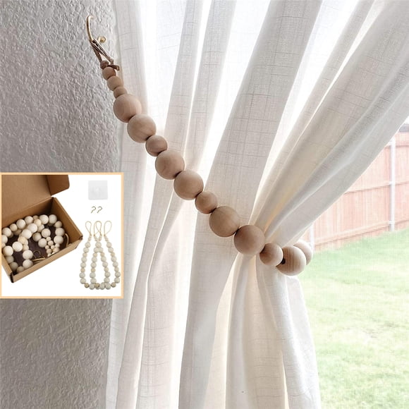 CABINAHOME Curtain Tiebacks Set Natural-Wood Bead Ties Brass Hooks Included Bedroom Decor with 2 Holdbacks