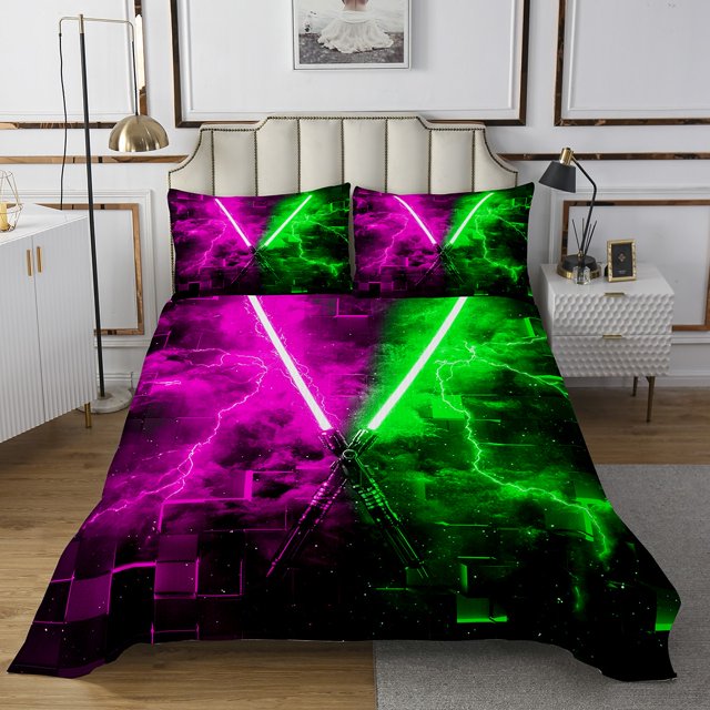 Erosebridal Neon Lightsaber Coverlet Set King, Green Purple Geometry Bedding Set, Lightning Decor
