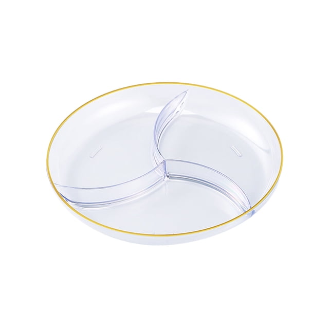 Plateau de Service pour Collations à 3 Sections - Plateau de Table à Café Antidérapant, Mesurant 10x10x1,2 Pouces, en Plastique Blanc avec une Finition Transparente et un Rebord Doré. Comprend Trois Compartiments pour Organiser des fruits, des Noix Ou des Collations. Équipé de Pieds Antidérapants pour la Stabilité, Idéal pour les Fêtes Ou la Déco de Table à Café.
