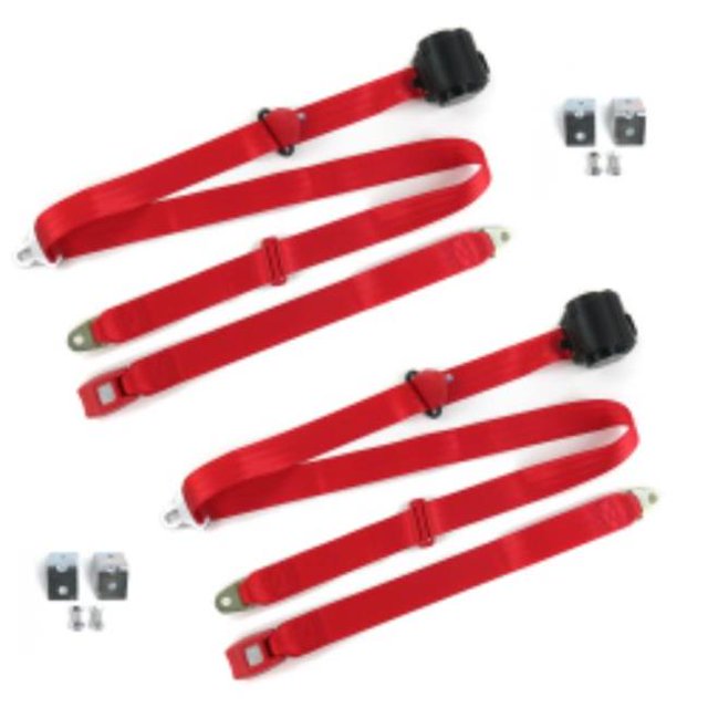 VW Karmann Ghia Standard 3 Point Red Retractable Bucket Seat Belt Kit with Bracketry - 2 Belts