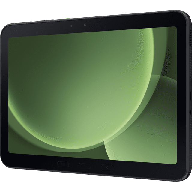 SAMSUNG GALAXY TAB ACTIVE 5 PRO (EE) tablet with a 10.1-inch screen, 1920 x 1200 resolution, and a lightweight slate design. Features include a 2.50 GHz processor, 6 GB memory for multitasking, and Beidou navigation support. Shown in a front-facing view with a green display background.