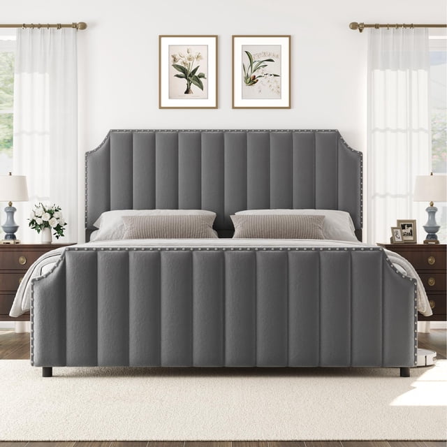 GloryStar Bed Frame with 50.2" Tall Headboard, Velvet Upholstered Bed Frame with Vertical Channel Tufted Headboard & Footboard, Nailhead Trim, No Box Spring Needed