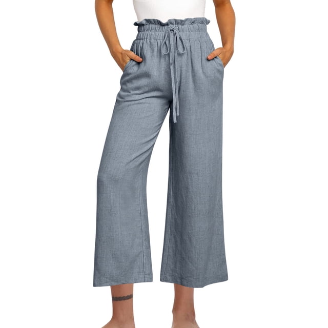 Yuyuzo Cotton Linen Pants for Women High Waisted Ruffle Drawstring Wide Leg Ankle Length Trousers