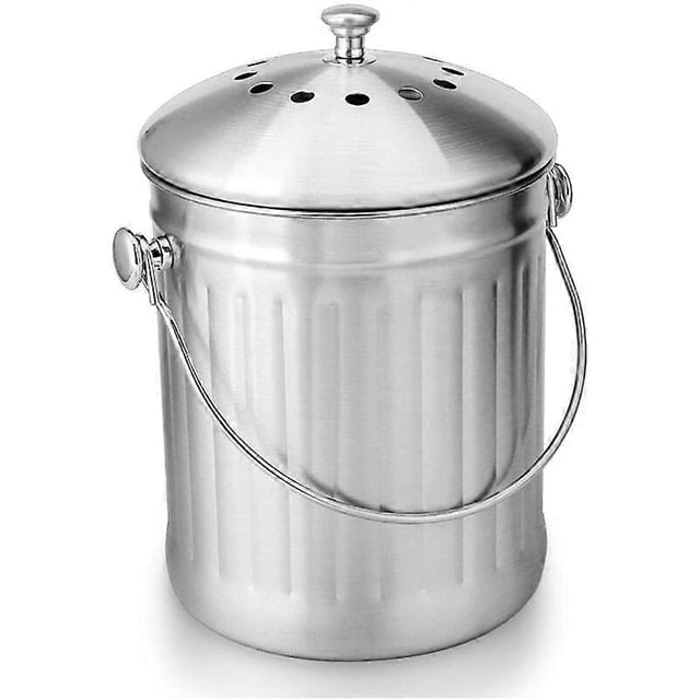 Odorless Stainless Steel Compost Bucket for Kitchen - Kitchen Compost Bin - Includes Replacement Charcoal Filters (Shiny Stainless Steel, 5 Liters)