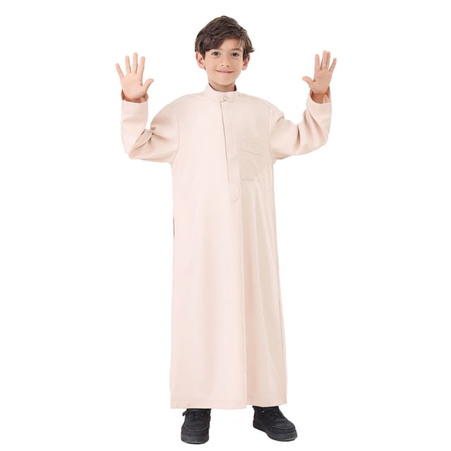 Kcodviy Thobe Arabe Thobe Musulman Chemises Garçon Manches Longues Caftan Col Ras du Cou Chemise à Manches Longues pour Grands Garçons Robe Nationale Garçons Adolescents Ensemble de Robe Brodée à Manches Longues Vêtements pour Enfants Arabes Hauts 2T Robe