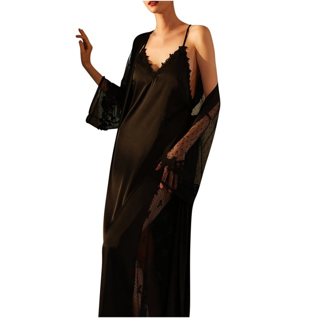 MeetoTime Pyjama pour Femmes Robe Aguichant Robe en Satin Dentelle Patchwork Nuisette à Manches Longues Camisole Ensemble de Chemise de Nuit