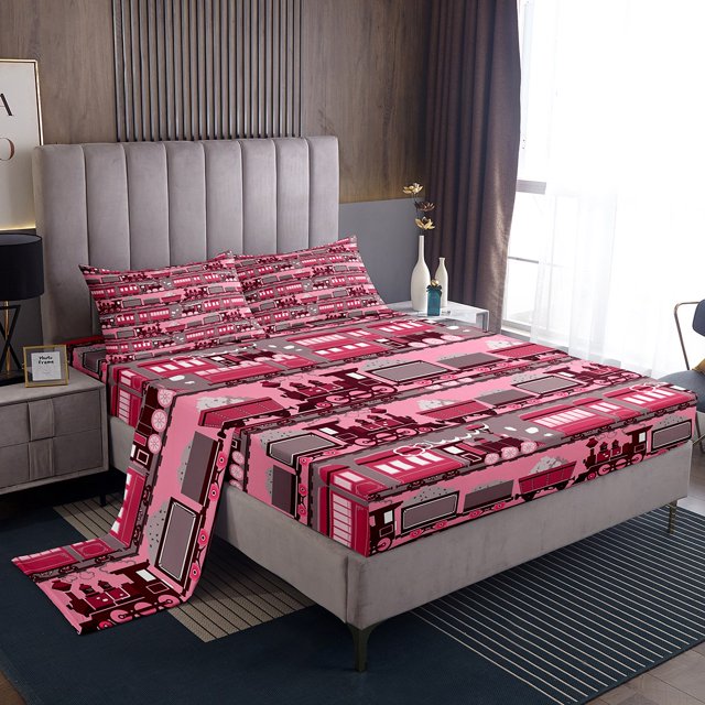 Erosebridal Pink Train King Sheet Sets, Steam Engine Bedding King Size, Cartoon Vehicle Decor