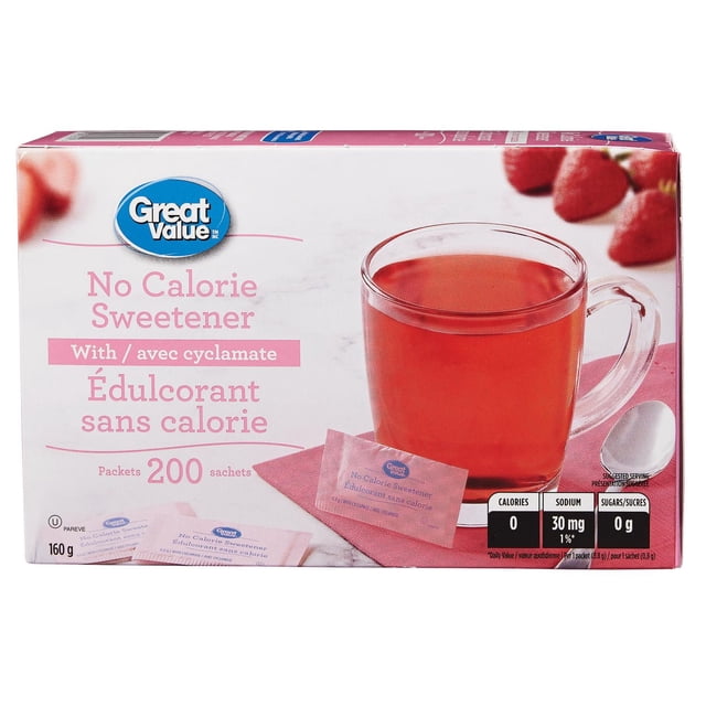 Great Value Édulcorant Sans calories avec Boîte de cyclamate Contenant 200 Sachets, Montré avec une Tasse en Verre Transparent de Thé Rouge et de Fraises Fraîches, Mettant en Valeur Zéro Calorie, 30 mg de sodium et Zéro Sucre par Sachet, Convient pour Sucrer les Boissons Chaudes et Froides.