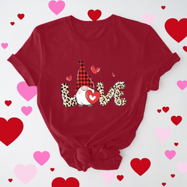 Meichang T-Shirt de la Saint-Valentin pour Femmes, Imprimé Cœur Mignon, Manches Courtes, Col Rond, Coupe Ample