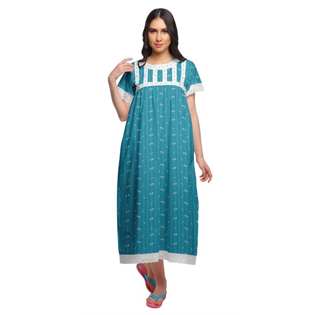 Moomaya Robe de Nuit Maxi pour Femmes en Coton Imprimé à Bordure Volantée