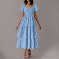 thumbnail image 4 of yoeyez Robe d'Été pour Femme à Manches Courtes Volantées, Encolure Carrée, Robe Midi Smockée, à Étages, Plage, Vacances, Fluide, Coupe Trapèze, Bleu Pâle, 2TG, 4 of 7