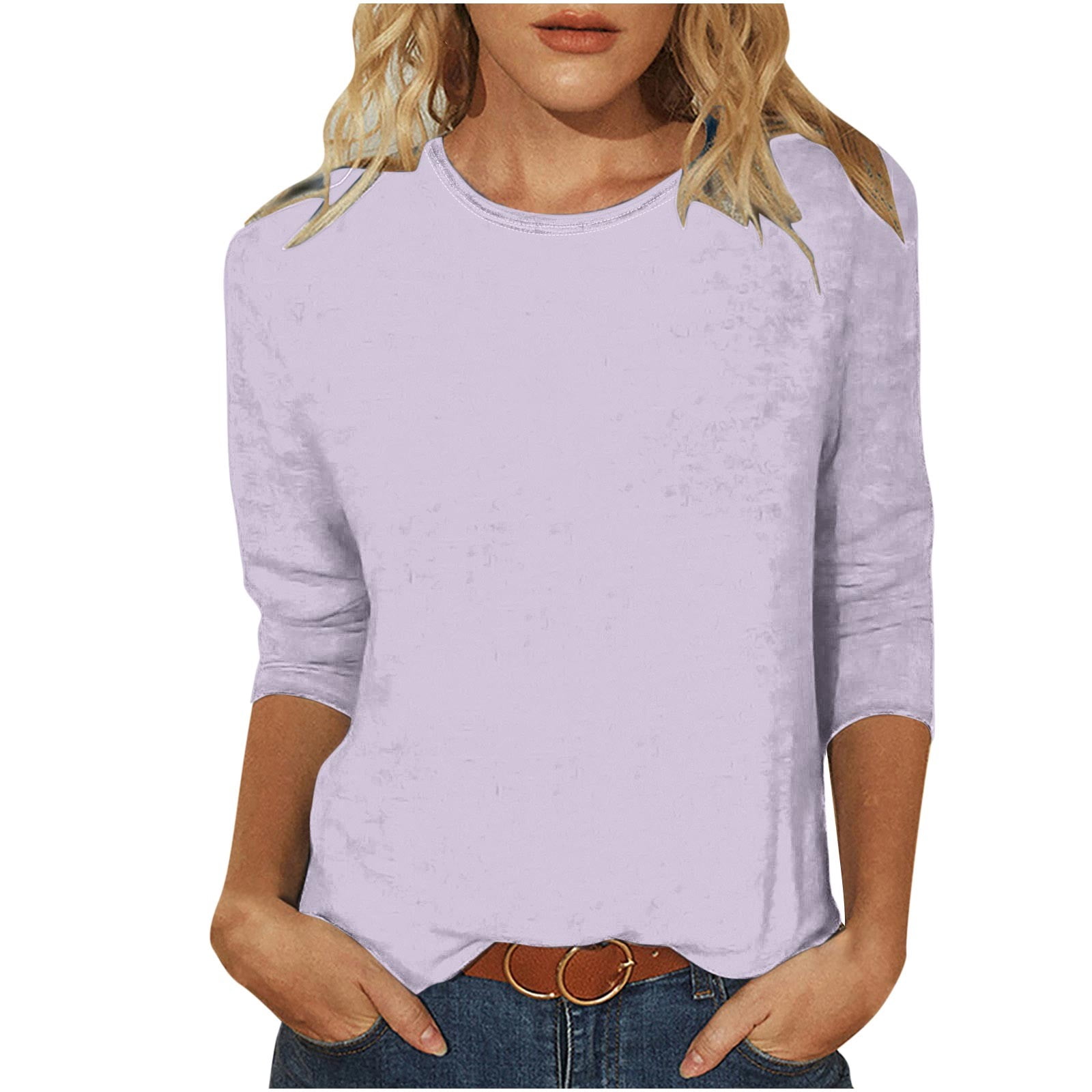 Timegard Hauts pour Femmes Été Col Rond Manches 3/4 Confortables Couleur Unie T-Shirts Basiques Décontractés Amples Blouses