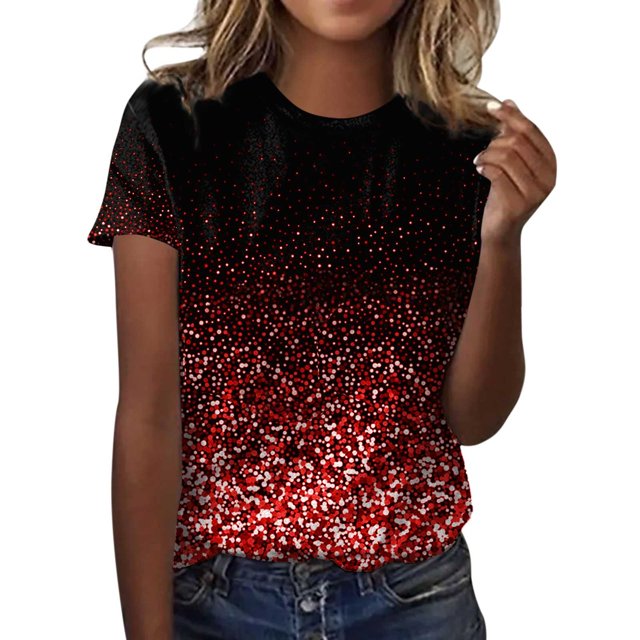 TSADFHJI Chandails pour Femmes en Coton Mode Décontractée pour Femmes Dégradé à Paillettes Imprimé Col Rond T-Shirt Ample