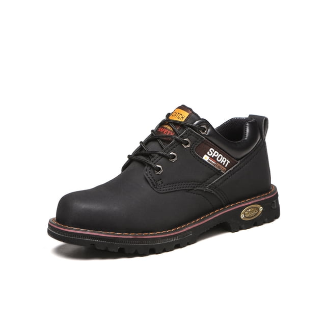 Daeful Mens Work Boots Steel Toe Industrial Shoes in black, size 8.5. These low-top safety boots feature a microfiber leather upper, a durable rubber outsole with anti-skid tread, and a lace-up fastening. Designed with a steel toe cap for protection against impact and a puncture-proof midsole for added safety. Suitable for industrial, construction, and outdoor activities.