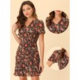 thumbnail image 2 of Unique Bargains Manches Bouffantes Florales Femmes V Cou Cordon Volant Froncé Robe Noire S, 2 of 4