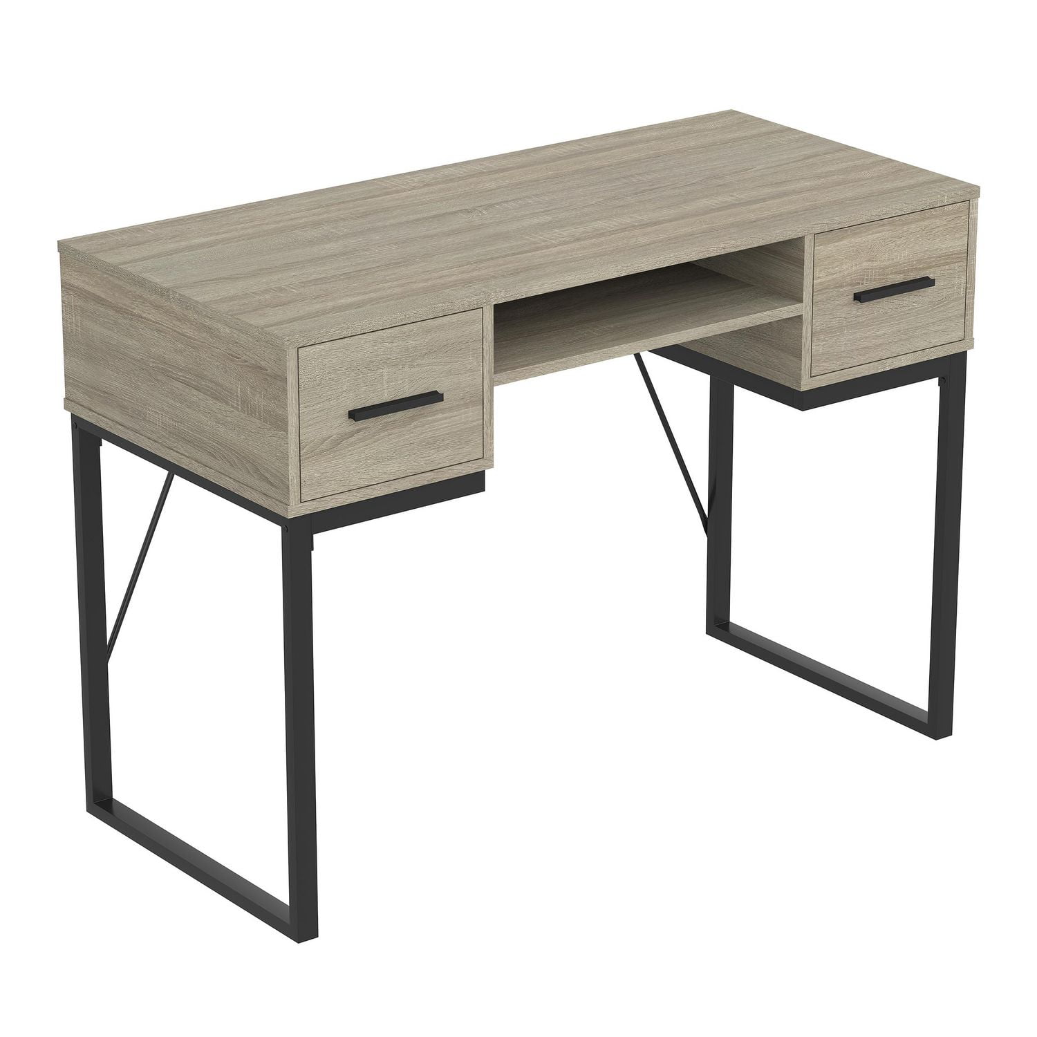 Safdie & Co. Computer Writing Desk 42.5in Long Dark Taupe with 2 Drawers 1 Shelf and Black Metal for Home Office and Small Spaces. Ideal for writing, gaming, study, work from home.