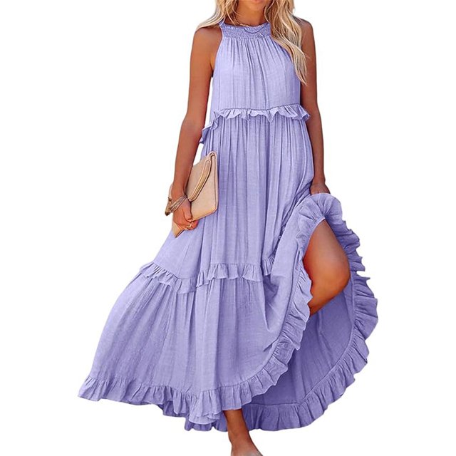 Robes pour Femmes Robe Maxi Sans Manches Décontractée Fluide à Volants Élégante Robe Maxi Unie Violette P
