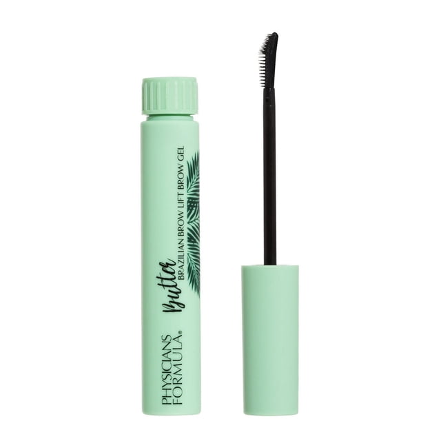BUTTER BROW LIFT GEL by Physicians Formula in a mint green tube with black text and palm leaf design, shown open with a black angled micro-sculpting brush applicator for precise brow lifting, taming, and sculpting.