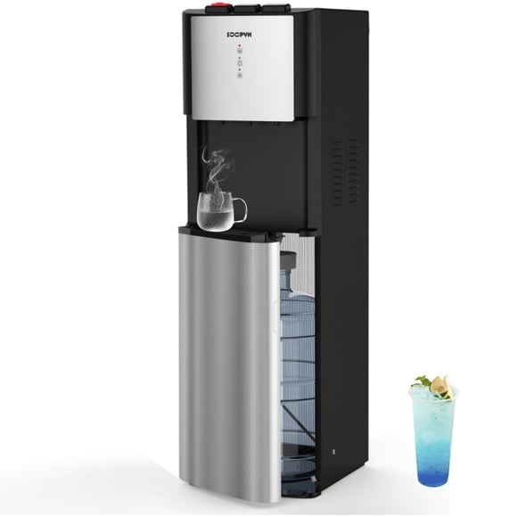 SOOPYK Self Cleaning Bottom Load Water Cooler Dispenser for 3-5 Gallon Bottles,Hot/Cold/Room, Child Safety Lock, LED Display with Empty Bottle Alert, for Home/Office, Stainless Steel