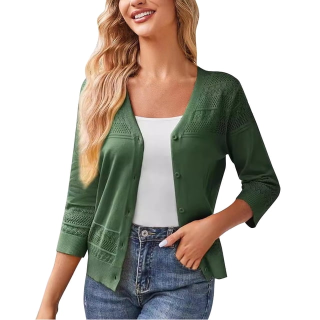 RXIRUCGD Cardigan en Tricot Uni à Manches Longues et Col en V pour Femme, Vert Armée, Taille : TG