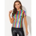 thumbnail image 3 of INSPIRE CHIC Women's Party Metallic Textured Short Sleeve Shiny Multicolor Top X-Small Rainbow Color, 3 of 5