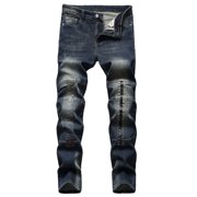 EGNMCR Jeans for Men, Men's Elastic Waist Loose Fit Denim Pants, Mens Pull On Jeans Men's High-end Nostalgic Ripped Hole Patchwork Embellished Stretch Jeans Men Pants