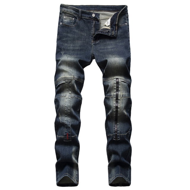 CEHVOM Men's High-end Nostalgic Ripped Hole Patchwork Embellished Stretch Jeans