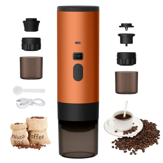 3-in-1 Portable Coffee Maker, 72W Espresso Machine, Rechargeable, for Office and Camping, 90ml Water Tank, Orange