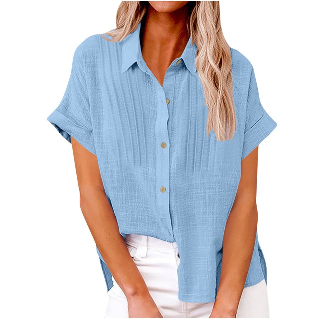 Womens Cotton Linen Button Down Shirt Casual Short Sleeve Loose Fit Collared V Neck Summer Beach Work Blouse Tops