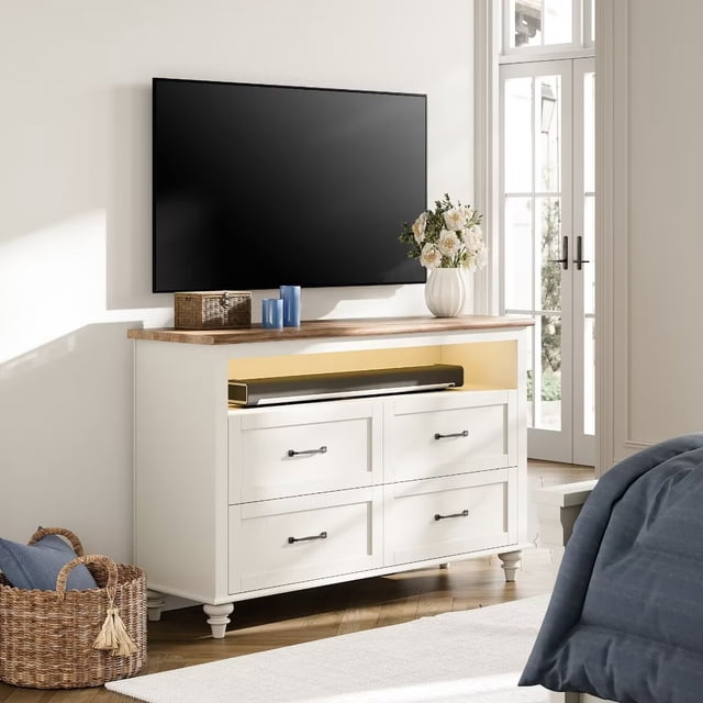 WAMPAT LED TV Stand for 32/43/50 Inch Flat Screen, Farmhouse Entertainment Center with 4 Storage Drawers and 1 Open Shelf, Wood Media Console Table with Yellow Lights Strip for Bedroom, 47.2"