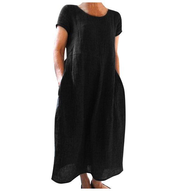 2025 Robe d'Été pour Dames Confortable et Ample Robe pour Dames d'Été Couleur Unie à Manches Courtes Robe Midi pour Femmes Robe Longue