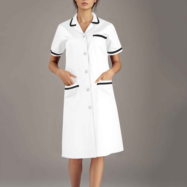 Tidyack ,Bon Rapport Qualité-Prix,Robe d'Infirmière à Revers, Robe de Travail Unie, Poches + Empiècement à Boutons, Longueur Midi, pour le Personnel de la Santé, Tenue de Travail Professionnelle, Mélange de Coton, Coupe Nette, Uniforme Quotidien