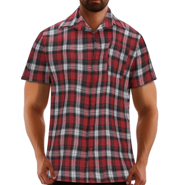 Penkiiy Chemise Tissée à Manches Courtes pour Homme, Coupe Régulière, Boutonnée, avec Poche, P Rouge