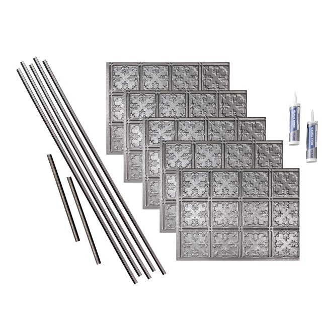 Fasade Vinyl Backsplash Kit, 15 sq ft, 5 Panels, Galvanized Steel Finish