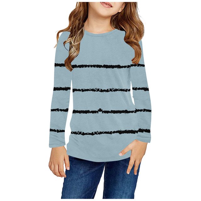RXIRUCGD Chemises à Manches Longues pour Filles, Col Rond Mignon, Blouses Décontractées Élégantes, Bleu Clair, Taille : 4 Ans