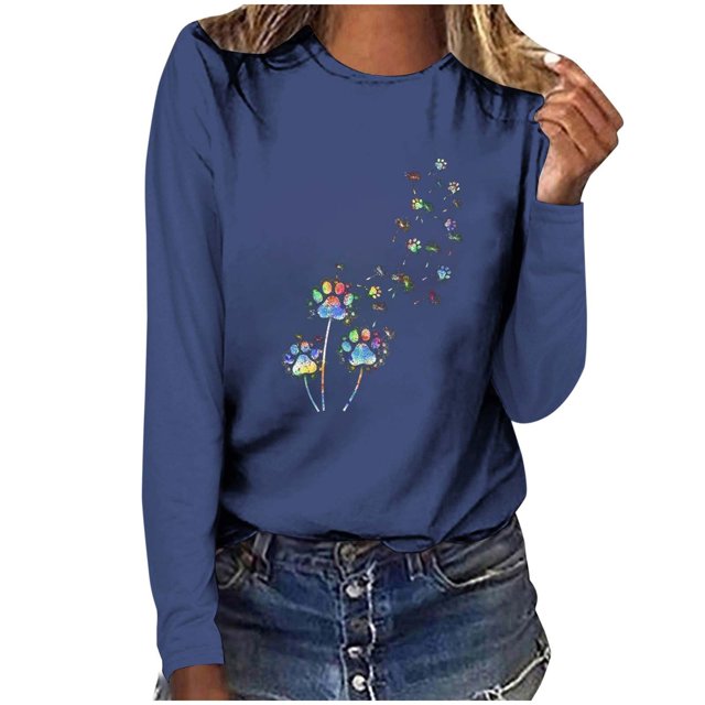 Pisexur Hauts pour Femmes Mode d'Automne T-Shirt à Imprimé Graphique Amusant Col Rond Manches Longues Chemises pour Femmes Chic Décontracté Hauts de Sortie Confort Polyvalent Blouses Légères