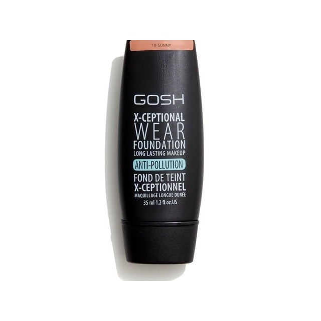 GOSH - X-Ceptional Wear - 18 Sunny liquid foundation in a black matte squeeze tube with white and teal text, providing medium coverage, a natural matte finish, and long-lasting anti-pollution makeup in a 35 ml size.